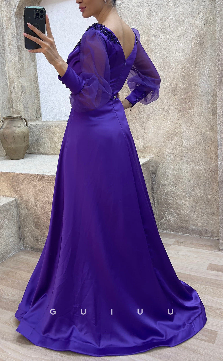 G3484 - Classic & Timeless A-Line V-Neck Beaded Long Tulle Sleeves High Side Slit Floor-Length Party Ballgown Prom Dress