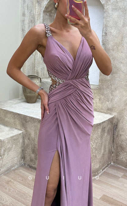 G3485 - Chic & Modern Sheath V-Neck Straps High Side Slit Draped Beaded Floor-Length Party Gown Prom Dress