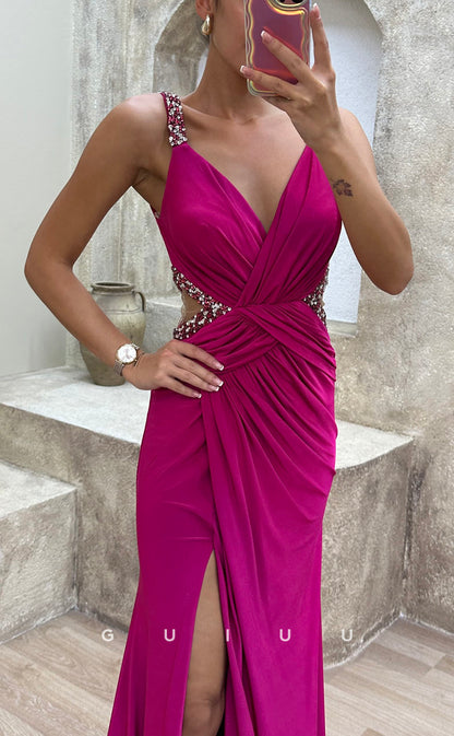 G3485 - Chic & Modern Sheath V-Neck Straps High Side Slit Draped Beaded Floor-Length Party Gown Prom Dress