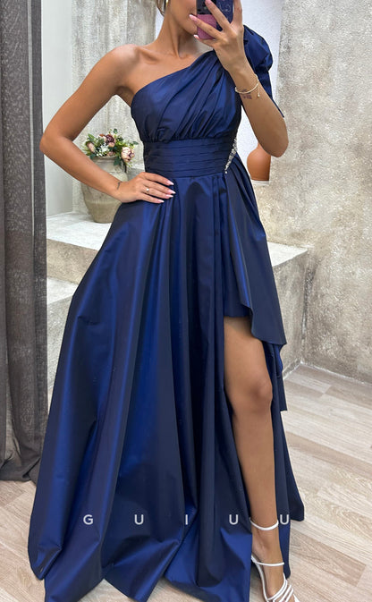 G3488 - Chic & Modern A-Line One Shoulder Draped Side Slit Floor-Length Ballgown Prom Dress