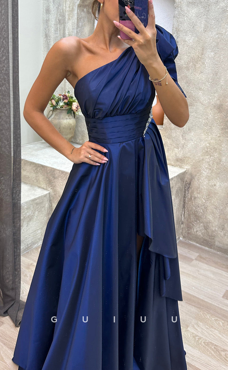 G3488 - Chic & Modern A-Line One Shoulder Draped Side Slit Floor-Length Ballgown Prom Dress