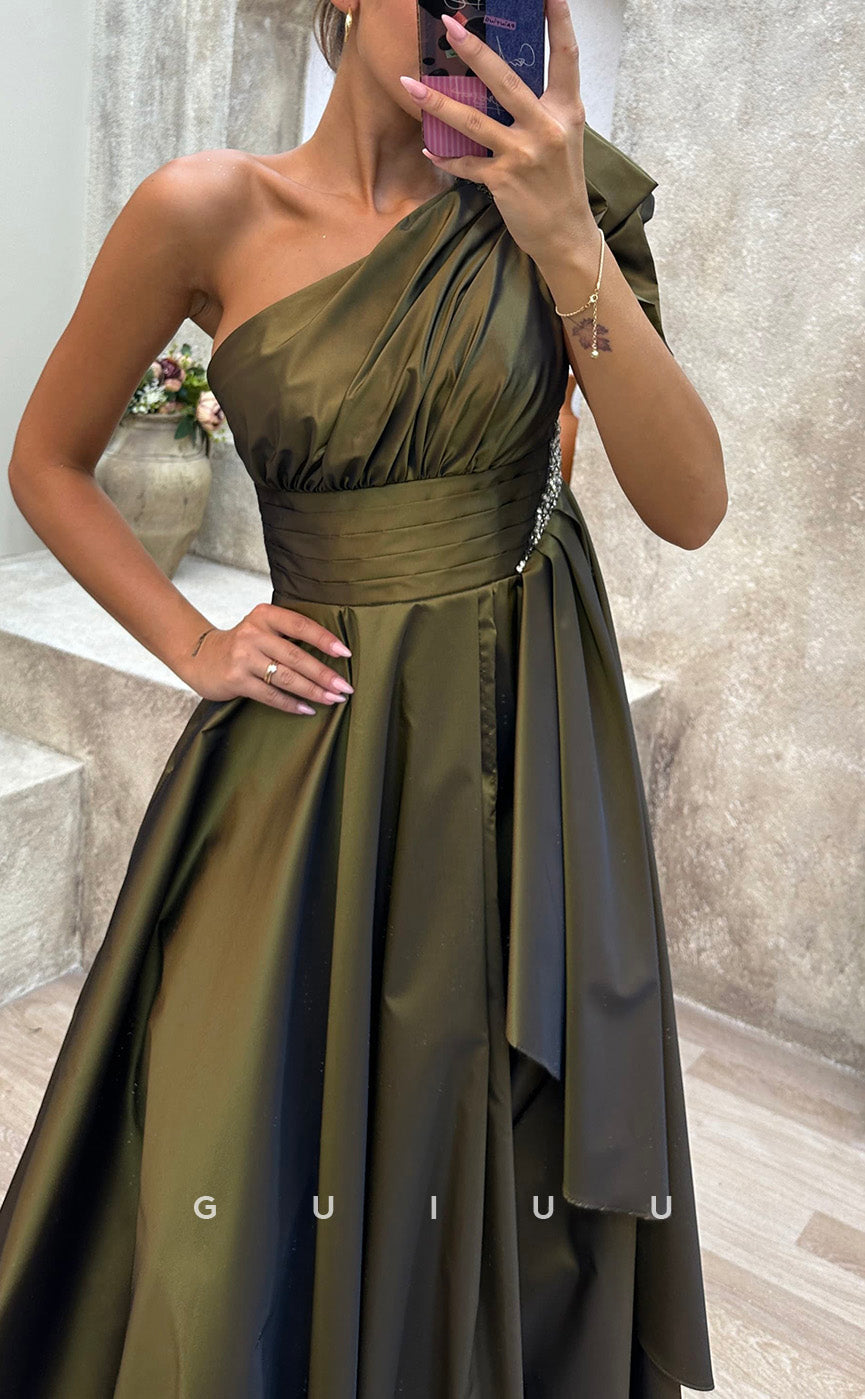 G3488 - Chic & Modern A-Line One Shoulder Draped Side Slit Floor-Length Ballgown Prom Dress