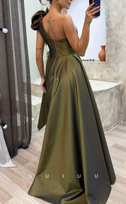 G3488 - Chic & Modern A-Line One Shoulder Draped Side Slit Floor-Length Ballgown Prom Dress