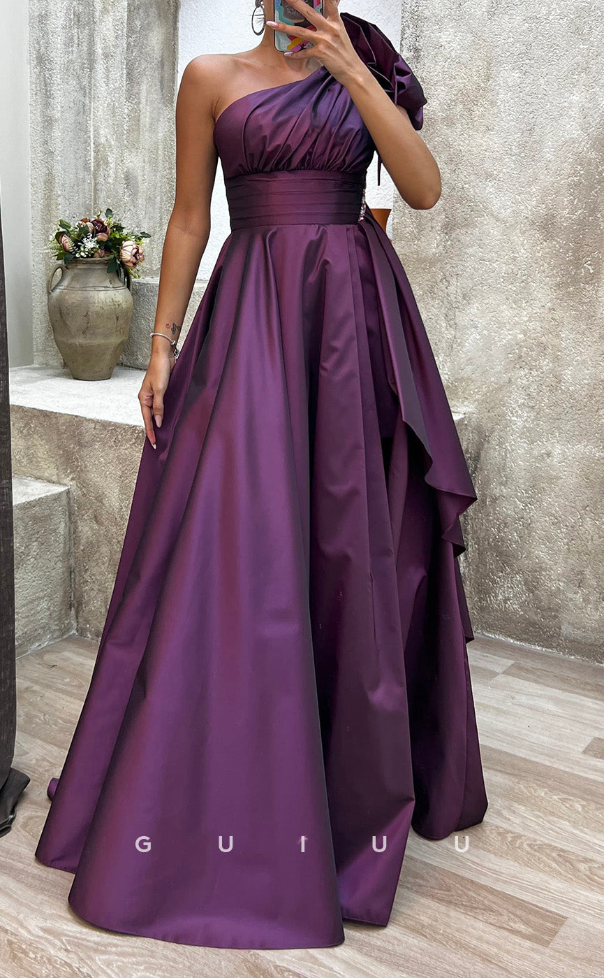 G3488 - Chic & Modern A-Line One Shoulder Draped Side Slit Floor-Length Ballgown Prom Dress