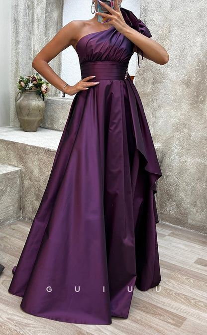 G3488 - Chic & Modern A-Line One Shoulder Draped Side Slit Floor-Length Ballgown Prom Dress