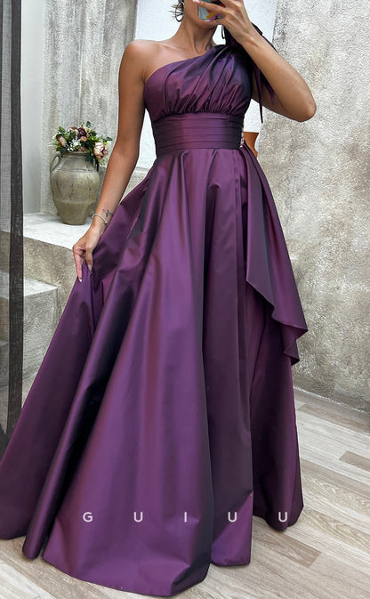 G3488 - Chic & Modern A-Line One Shoulder Draped Side Slit Floor-Length Ballgown Prom Dress