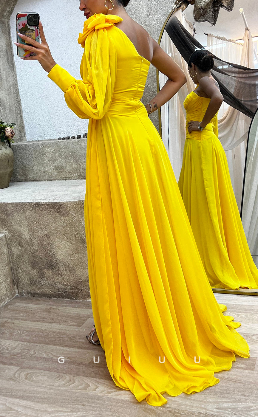 G3492 - Chic & Modern A-Line One Shoulder Draped Floral Embossed High Side Slit Floor-Length Evening Party Prom Dress