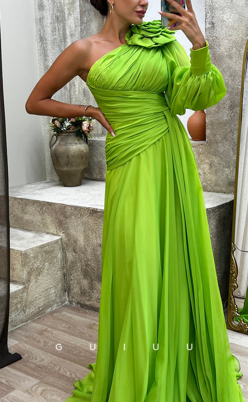 G3492 - Chic & Modern A-Line One Shoulder Draped Floral Embossed High Side Slit Floor-Length Evening Party Prom Dress