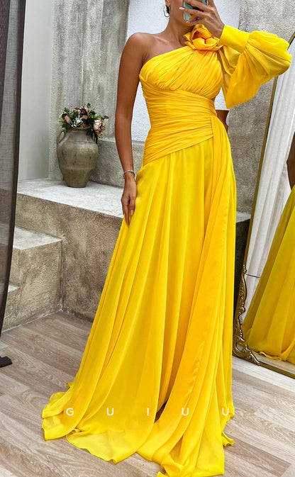 G3492 - Chic & Modern A-Line One Shoulder Draped Floral Embossed High Side Slit Floor-Length Evening Party Prom Dress