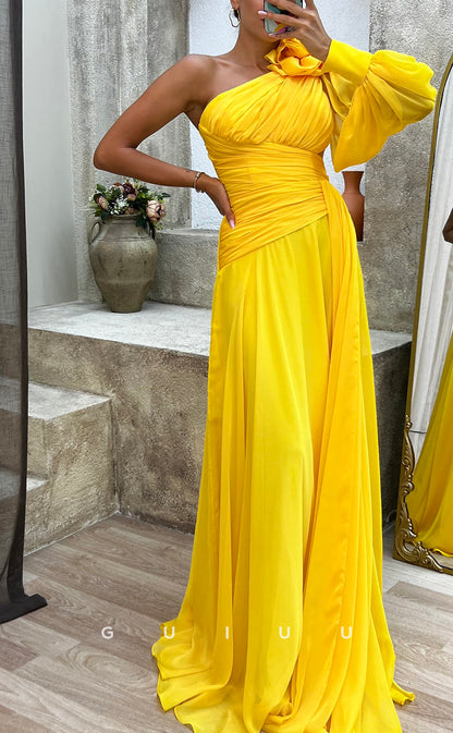 G3492 - Chic & Modern A-Line One Shoulder Draped Floral Embossed High Side Slit Floor-Length Evening Party Prom Dress