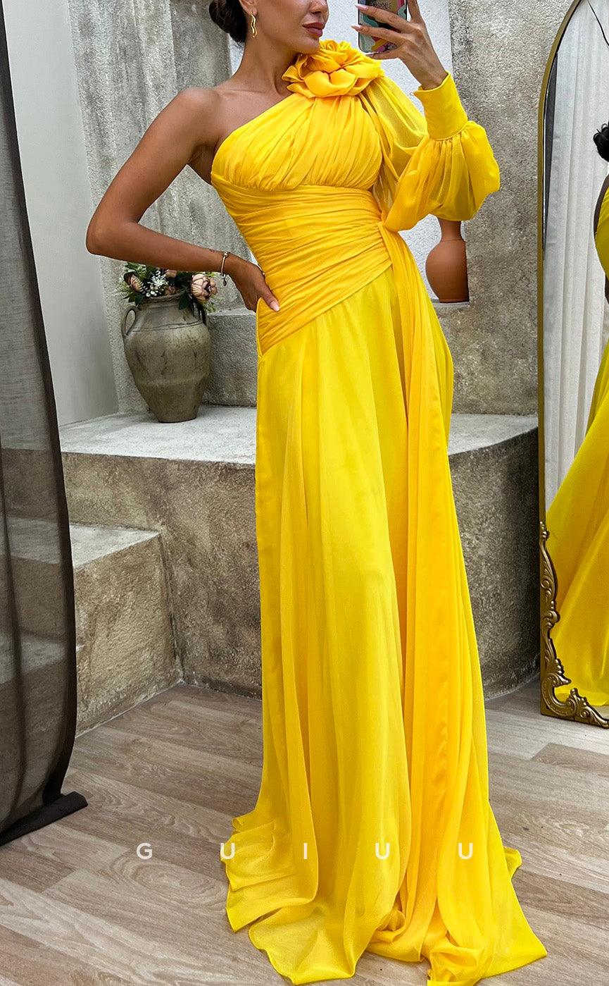 G3492 - Chic & Modern A-Line One Shoulder Draped Floral Embossed High Side Slit Floor-Length Evening Party Prom Dress