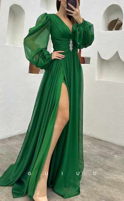 G3493 - Classic & Timeless A-Line V-Neck Long Sleeves High Side Slit Floor-Length Ballgown Prom Dress