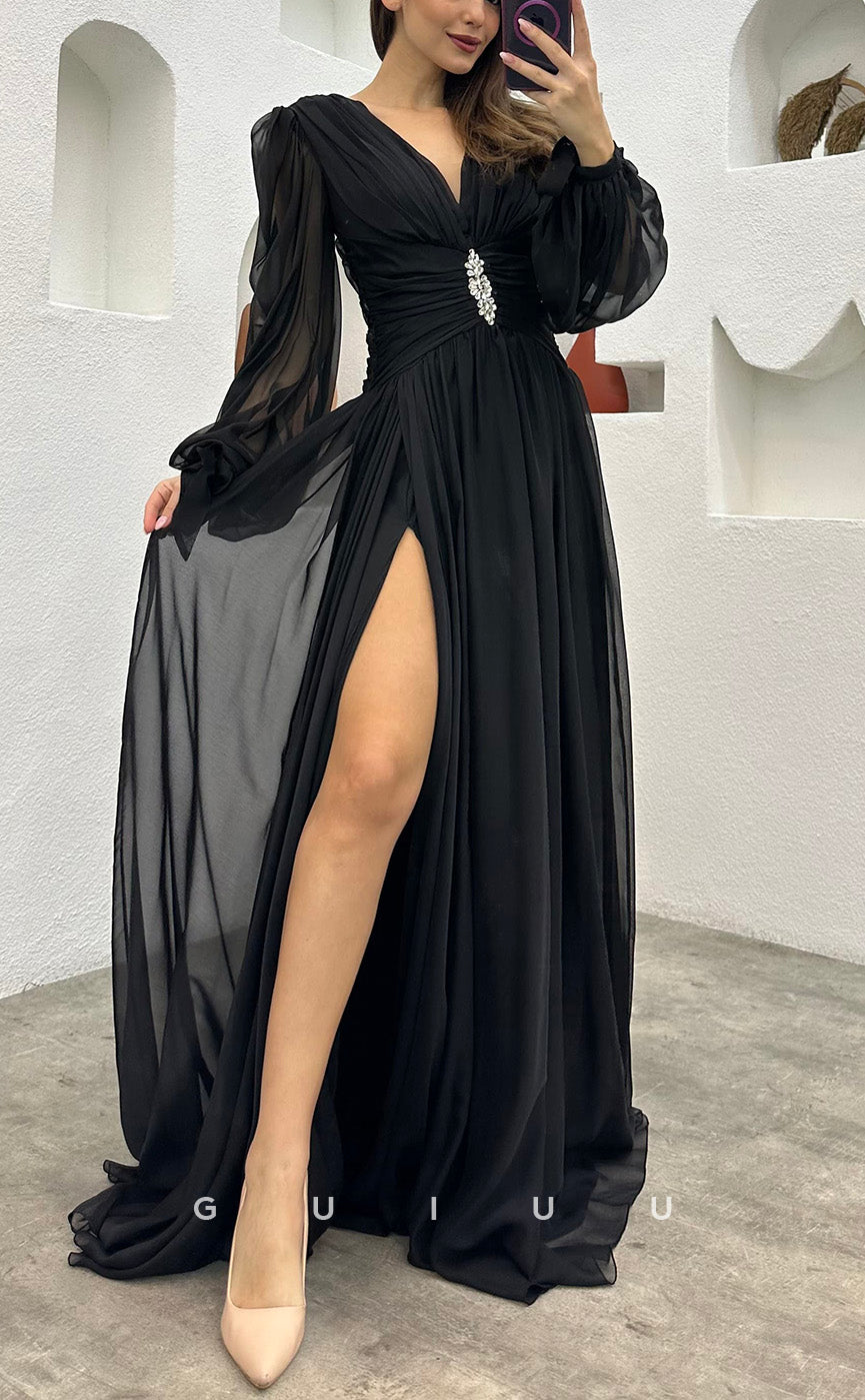 G3493 - Classic & Timeless A-Line V-Neck Long Sleeves High Side Slit Floor-Length Ballgown Prom Dress