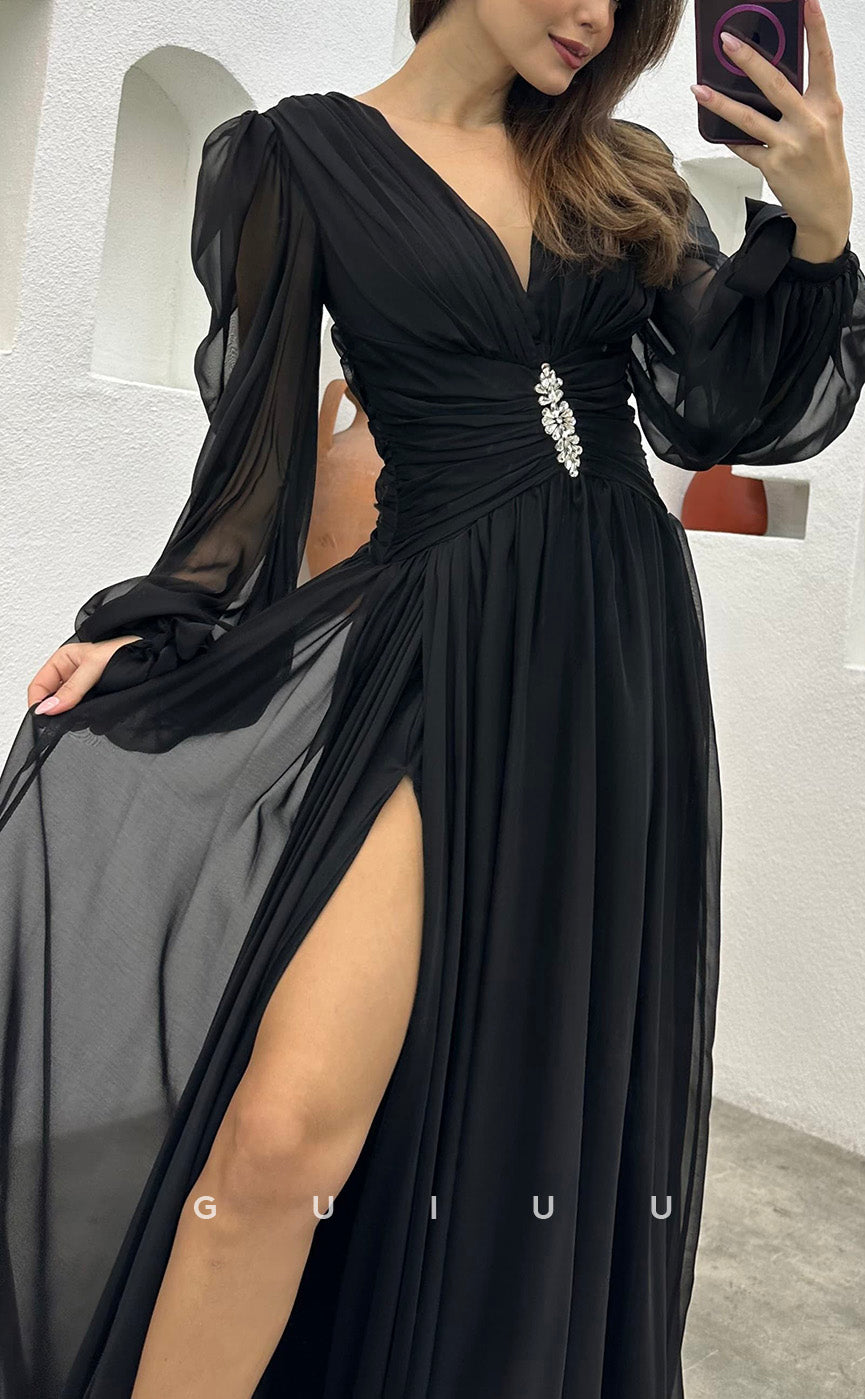 G3493 - Classic & Timeless A-Line V-Neck Long Sleeves High Side Slit Floor-Length Ballgown Prom Dress