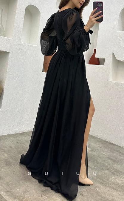 G3493 - Classic & Timeless A-Line V-Neck Long Sleeves High Side Slit Floor-Length Ballgown Prom Dress