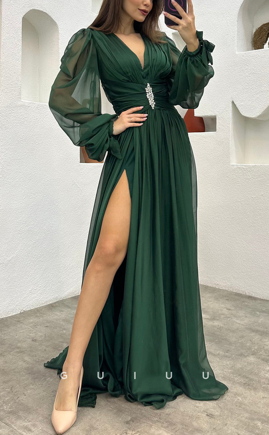 G3493 - Classic & Timeless A-Line V-Neck Long Sleeves High Side Slit Floor-Length Ballgown Prom Dress