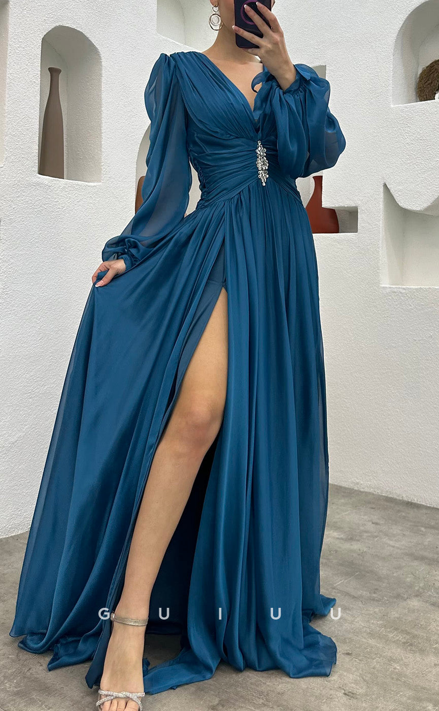 G3493 - Classic & Timeless A-Line V-Neck Long Sleeves High Side Slit Floor-Length Ballgown Prom Dress