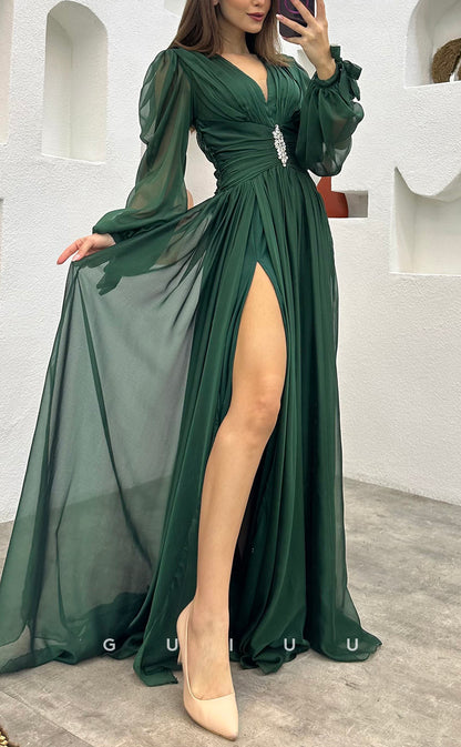 G3493 - Classic & Timeless A-Line V-Neck Long Sleeves High Side Slit Floor-Length Ballgown Prom Dress