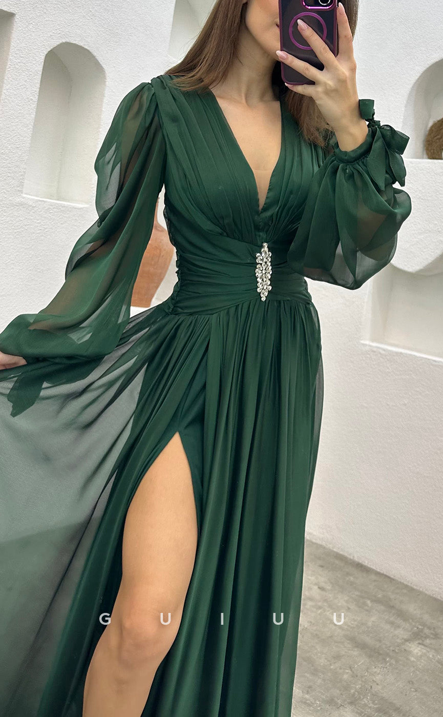 G3493 - Classic & Timeless A-Line V-Neck Long Sleeves High Side Slit Floor-Length Ballgown Prom Dress