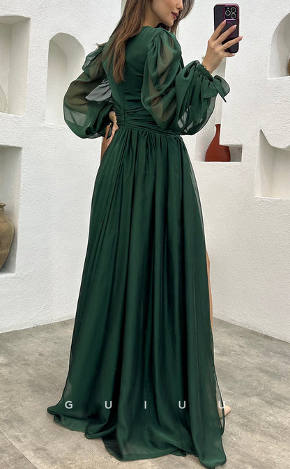 G3493 - Classic & Timeless A-Line V-Neck Long Sleeves High Side Slit Floor-Length Ballgown Prom Dress