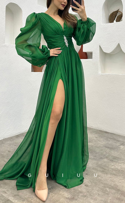 G3493 - Classic & Timeless A-Line V-Neck Long Sleeves High Side Slit Floor-Length Ballgown Prom Dress