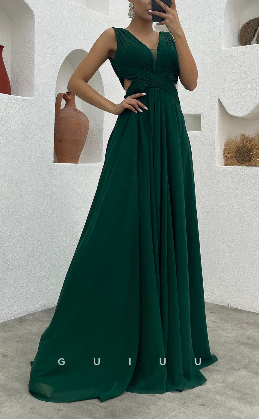 G3495 - Classic & Timeless A-Line V-Neck Straps Draped Floor-Length Party Gown Prom Dress