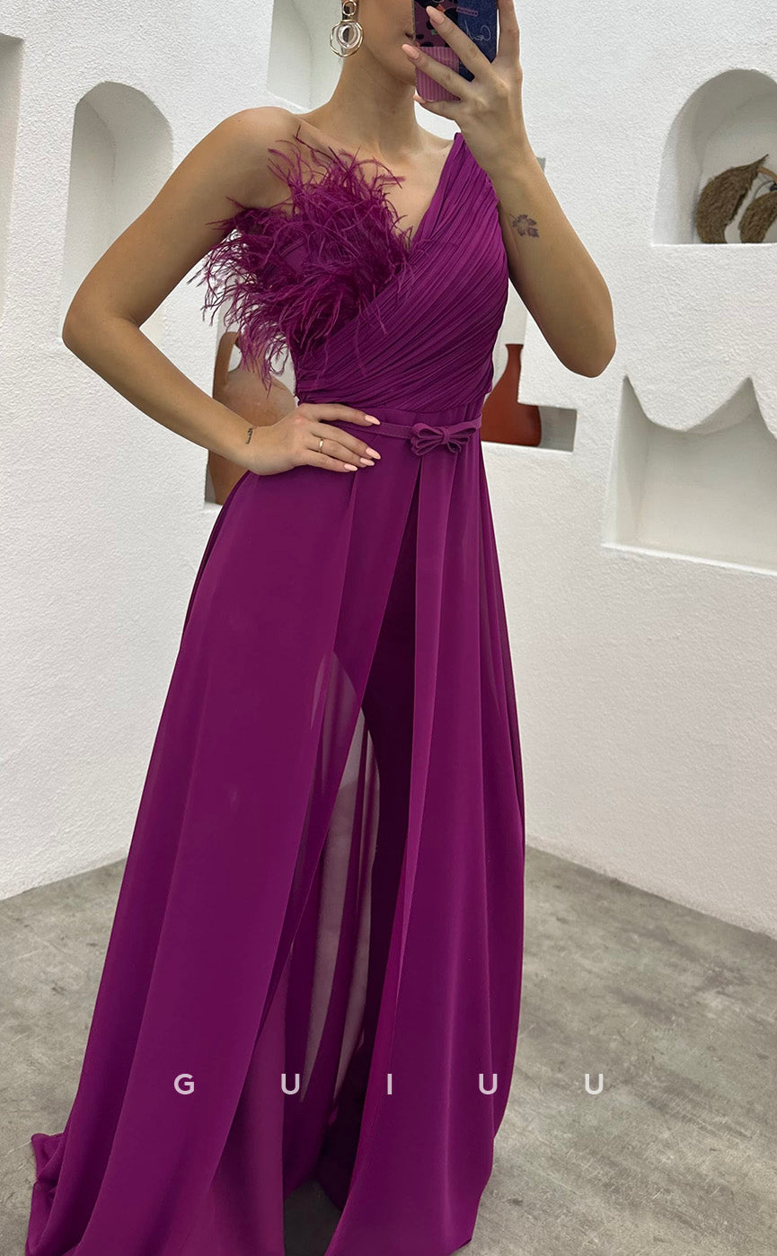 G3497 - Chic & Modern Sheath One Shoulder Feather Sash Jumpsuit Floor-Length Party Gown Prom Dress With Overlay