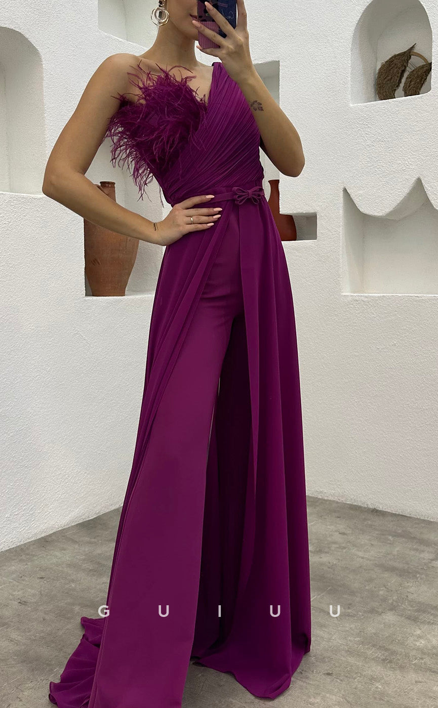 G3497 - Chic & Modern Sheath One Shoulder Feather Sash Jumpsuit Floor-Length Party Gown Prom Dress With Overlay