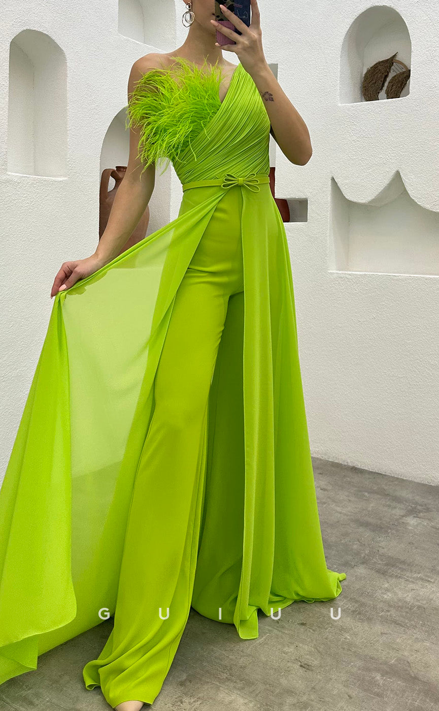 G3497 - Chic & Modern Sheath One Shoulder Feather Sash Jumpsuit Floor-Length Party Gown Prom Dress With Overlay