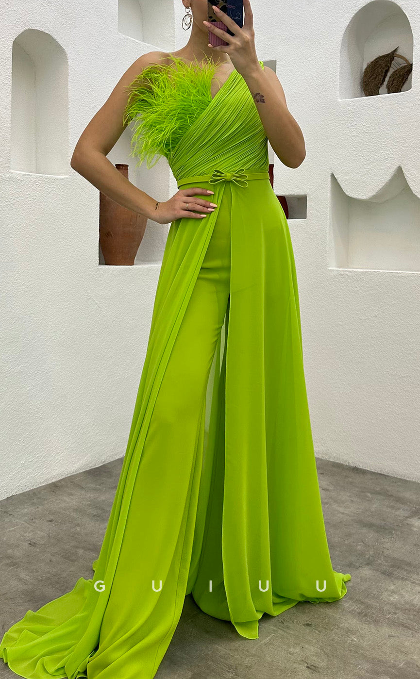 G3497 - Chic & Modern Sheath One Shoulder Feather Sash Jumpsuit Floor-Length Party Gown Prom Dress With Overlay