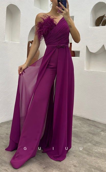 G3497 - Chic & Modern Sheath One Shoulder Feather Sash Jumpsuit Floor-Length Party Gown Prom Dress With Overlay