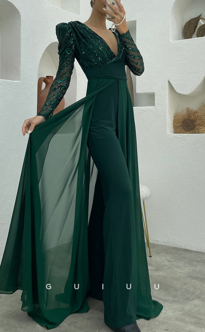 G3499 - Chic & Modern Sheath V-neck Long Sleeves Jumsuit With Overlay Prom Dress