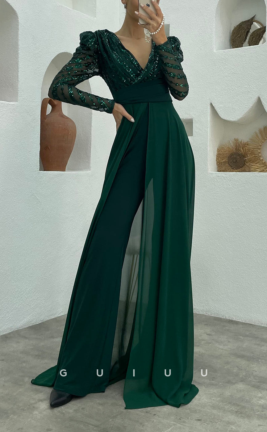 G3499 - Chic & Modern Sheath V-neck Long Sleeves Jumsuit With Overlay Prom Dress