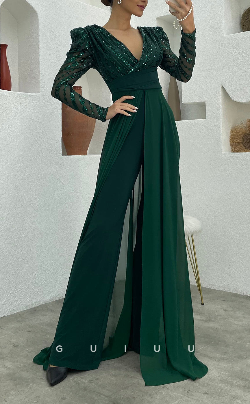 G3499 - Chic & Modern Sheath V-neck Long Sleeves Jumsuit With Overlay Prom Dress