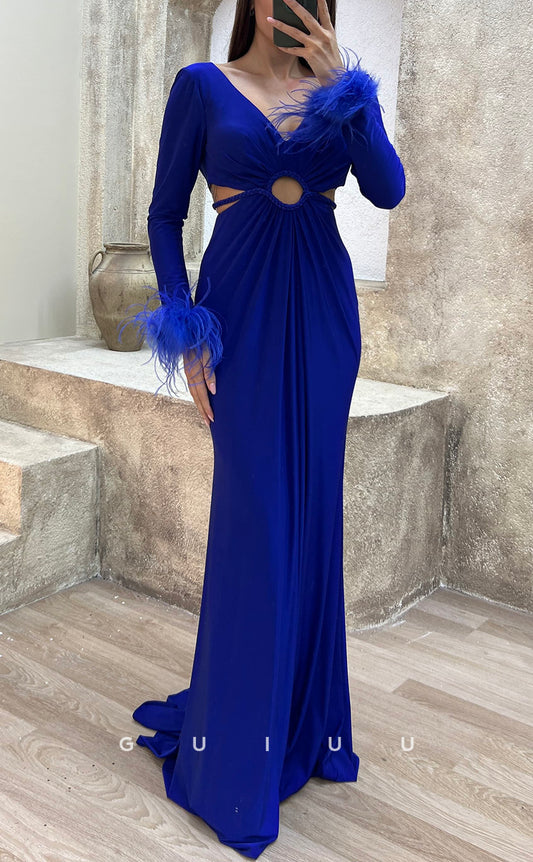 G3500 - Sexy & Hot Sheath V-Neck Long Sleeves Feather Cut Outs Floor-Length Party Gown Prom Dress