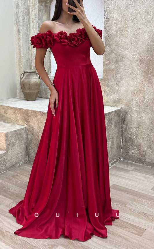 G3501 - Classic & Modern A-Line Off Shoulder Floral Embossed Draped Floor-Length Party Gown Prom Dress