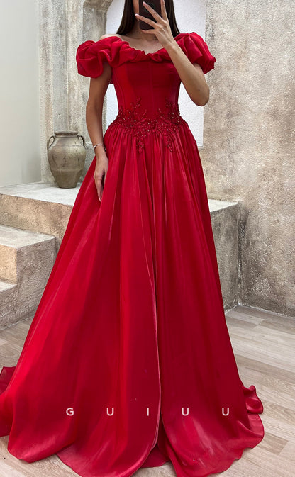 G3502 - Chic & Modern A-Line Off Shoulder Floral Embossed Embroidered Floor-Length Ballgown Prom Dress