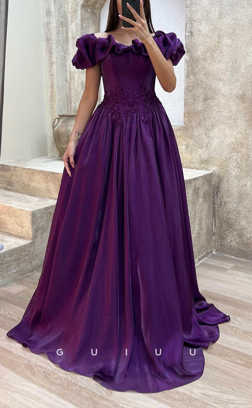 G3502 - Chic & Modern A-Line Off Shoulder Floral Embossed Embroidered Floor-Length Ballgown Prom Dress