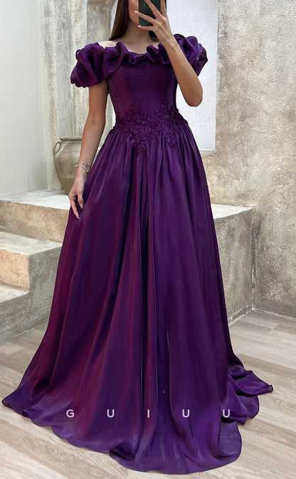 G3502 - Chic & Modern A-Line Off Shoulder Floral Embossed Embroidered Floor-Length Ballgown Prom Dress