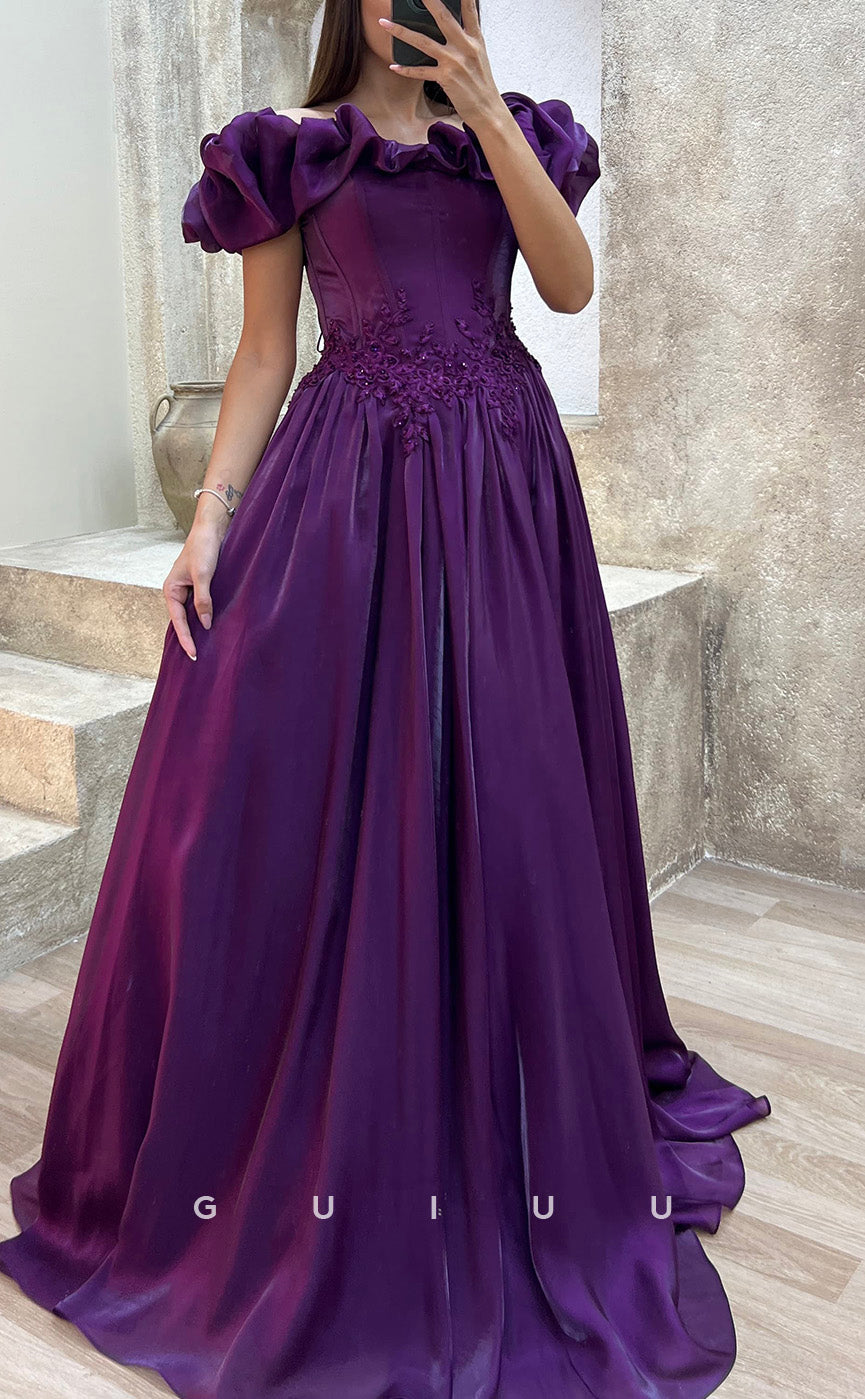 G3502 - Chic & Modern A-Line Off Shoulder Floral Embossed Embroidered Floor-Length Ballgown Prom Dress