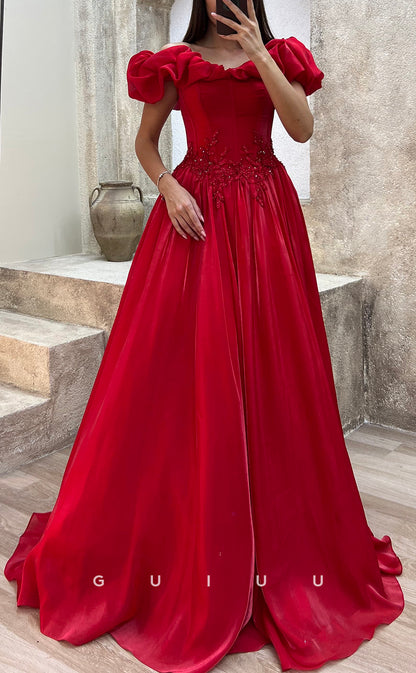 G3502 - Chic & Modern A-Line Off Shoulder Floral Embossed Embroidered Floor-Length Ballgown Prom Dress