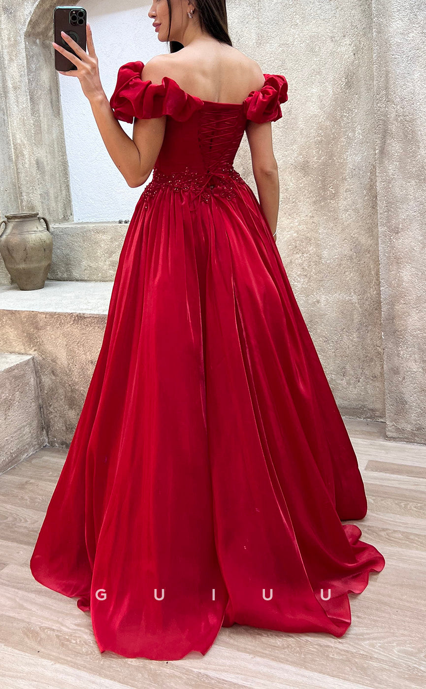 G3502 - Chic & Modern A-Line Off Shoulder Floral Embossed Embroidered Floor-Length Ballgown Prom Dress