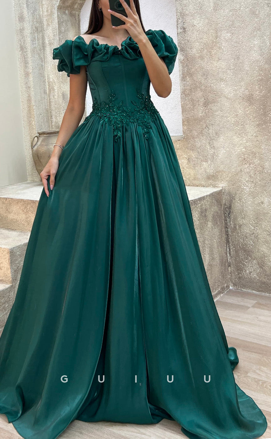 G3502 - Chic & Modern A-Line Off Shoulder Floral Embossed Embroidered Floor-Length Ballgown Prom Dress