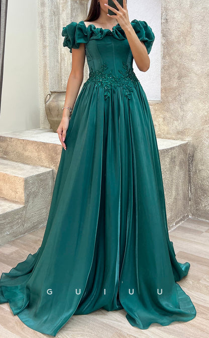 G3502 - Chic & Modern A-Line Off Shoulder Floral Embossed Embroidered Floor-Length Ballgown Prom Dress