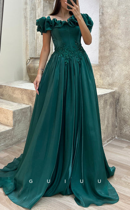 G3502 - Chic & Modern A-Line Off Shoulder Floral Embossed Embroidered Floor-Length Ballgown Prom Dress