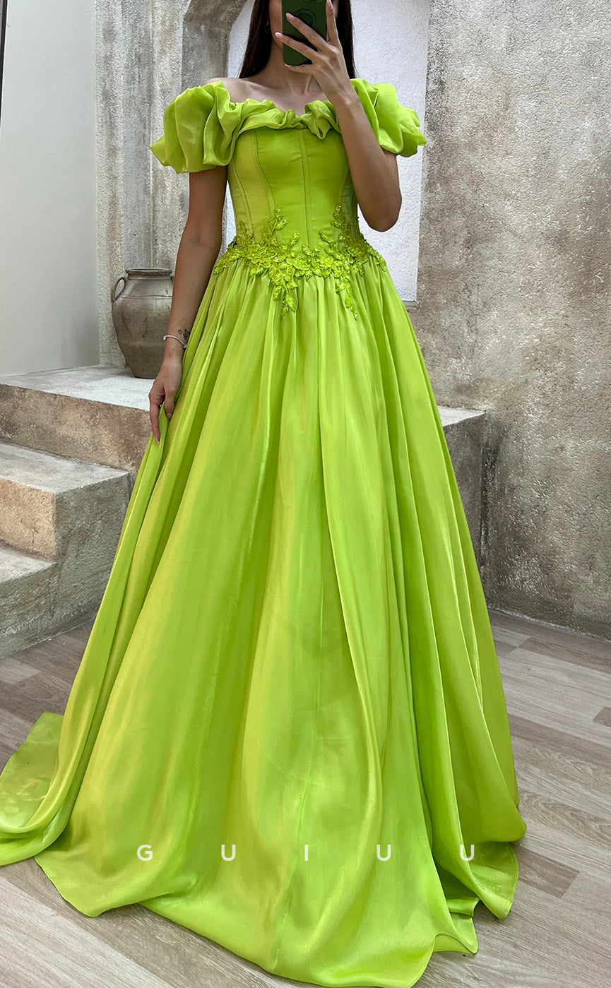 G3502 - Chic & Modern A-Line Off Shoulder Floral Embossed Embroidered Floor-Length Ballgown Prom Dress