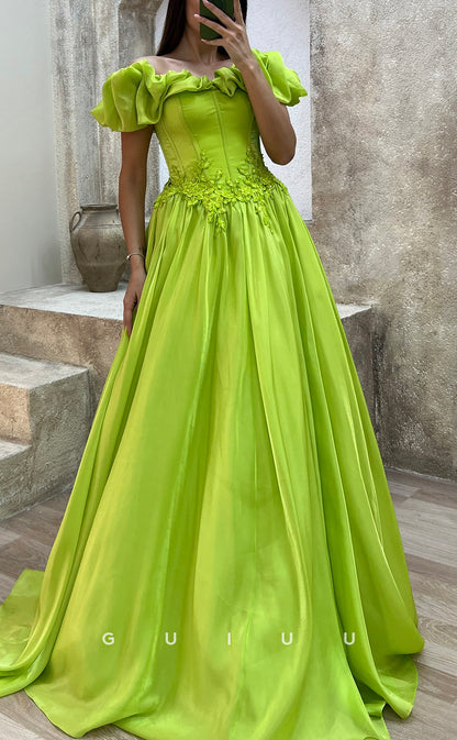 G3502 - Chic & Modern A-Line Off Shoulder Floral Embossed Embroidered Floor-Length Ballgown Prom Dress