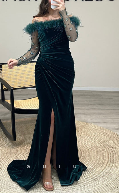 G3504 - Chic & Modern Sheath Off Shoulder Velvet Side Slit Sheer Long Sleeves Floor-Length Party Gown Prom Dress