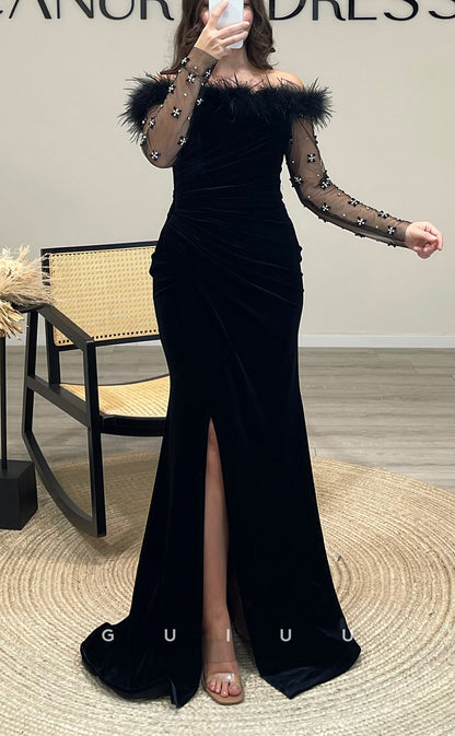 G3504 - Chic & Modern Sheath Off Shoulder Velvet Side Slit Sheer Long Sleeves Floor-Length Party Gown Prom Dress