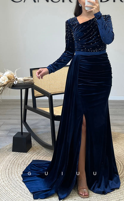 G3505 - Classic & Timeless Sheath Asymmetrical Long Sleeves Side Slit Velvet Draped Beaded Floor-Length Party Ballgown Prom Dress With Sweep Train